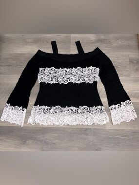 INC Black Off-Shoulder Top with White Lace Trim